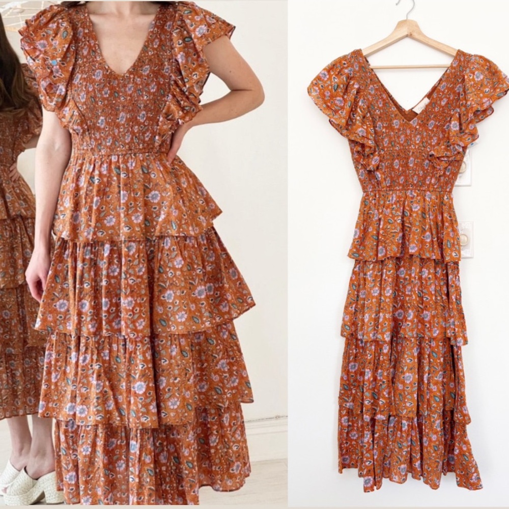 Cleobella || Reed Smocked Midi Dress Tiered Ruffle Terracotta Floral‎ Orange S